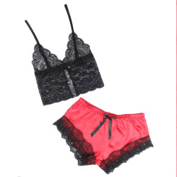 Subblime - 953966 Chemise De Nuit Décontractée En Soie + Pantalon En Dentelle Noir/Rouge L/Xl
